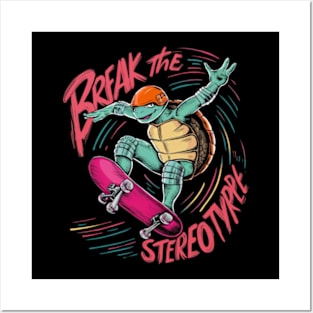 illustration featuring a fashionable and inspiring turtle character, gracefully executing a daring aerial skateboard trick._2 Posters and Art